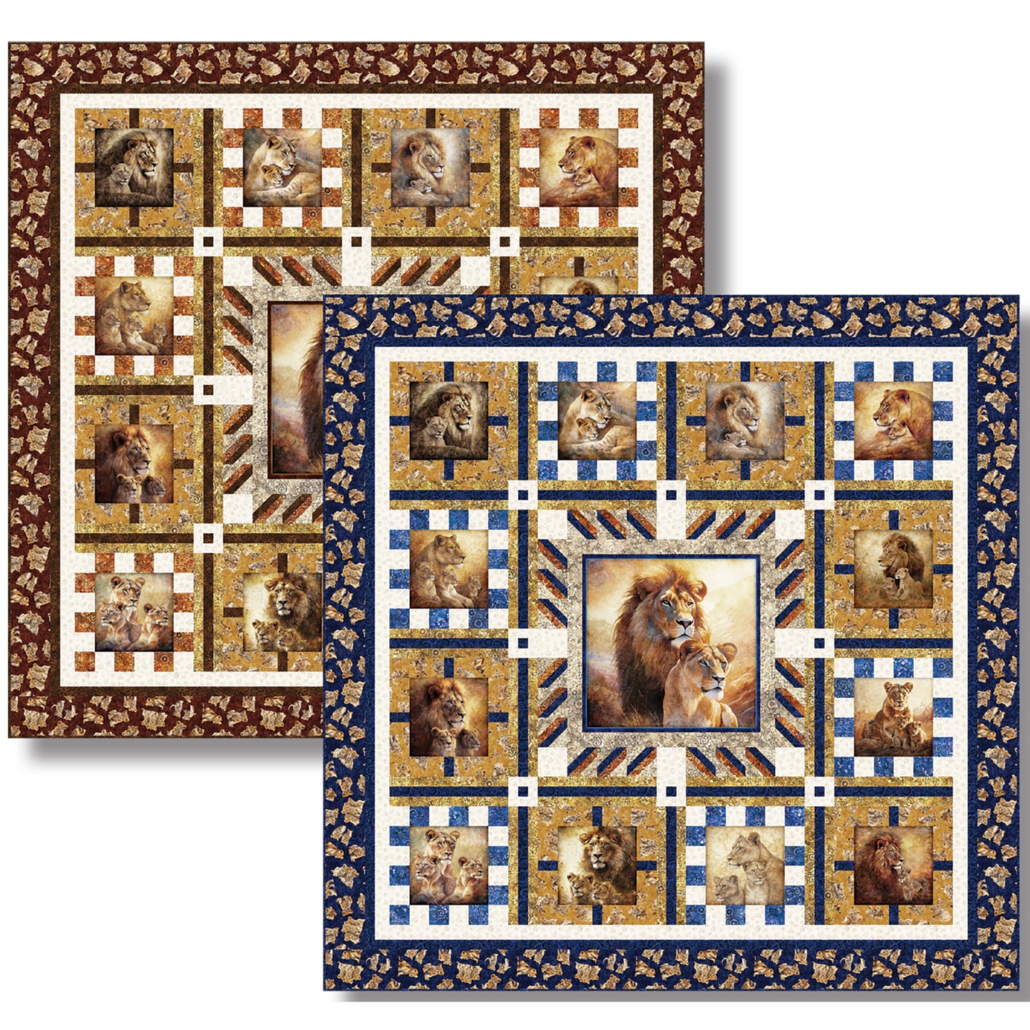 Two lion quilts one with blues and the other with browns. Center lion and lioness with blocks around the square quilt of other lion images.