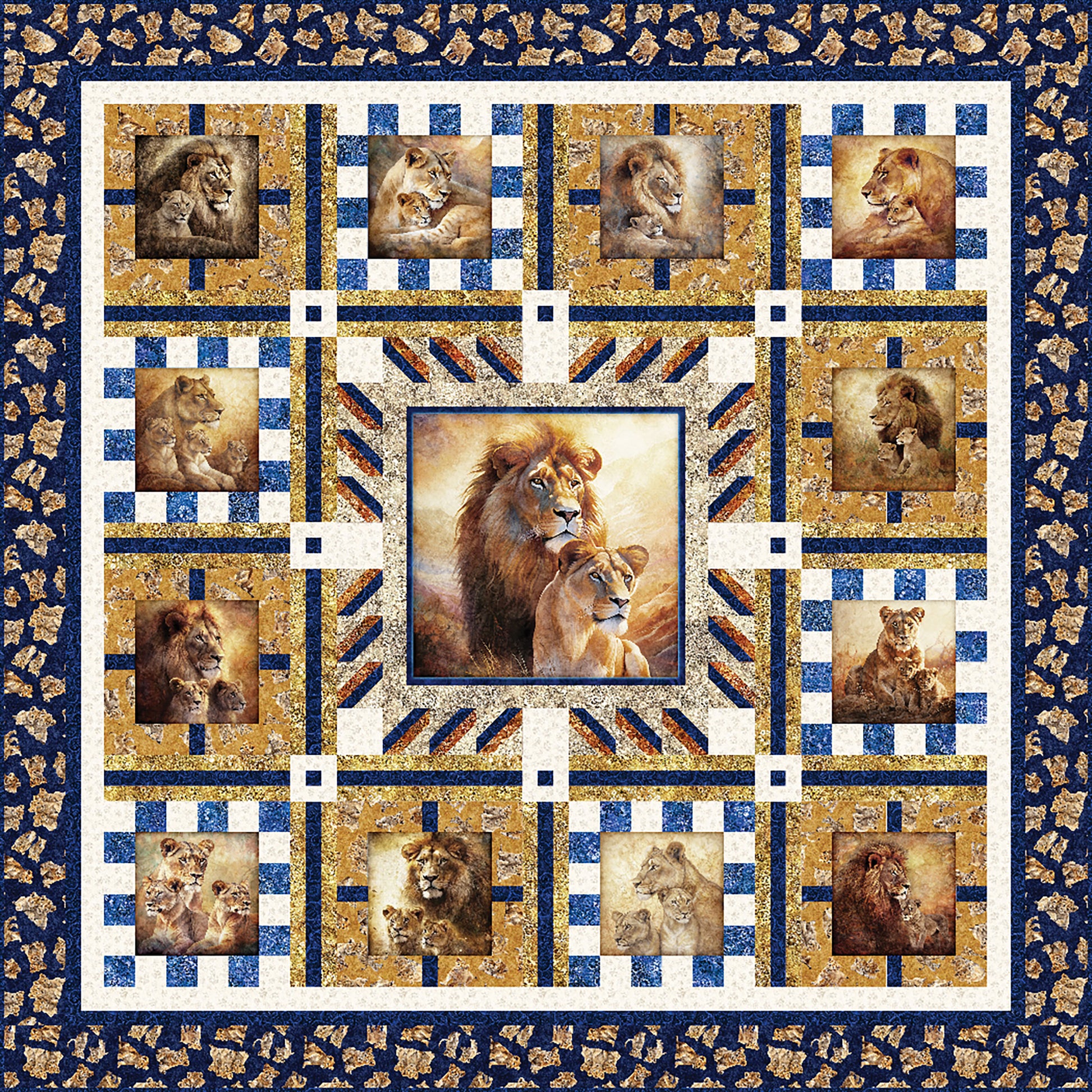 Lion quilt with blues and brown fabrics. Center lion and lioness with blocks around the square quilt of other lion images.