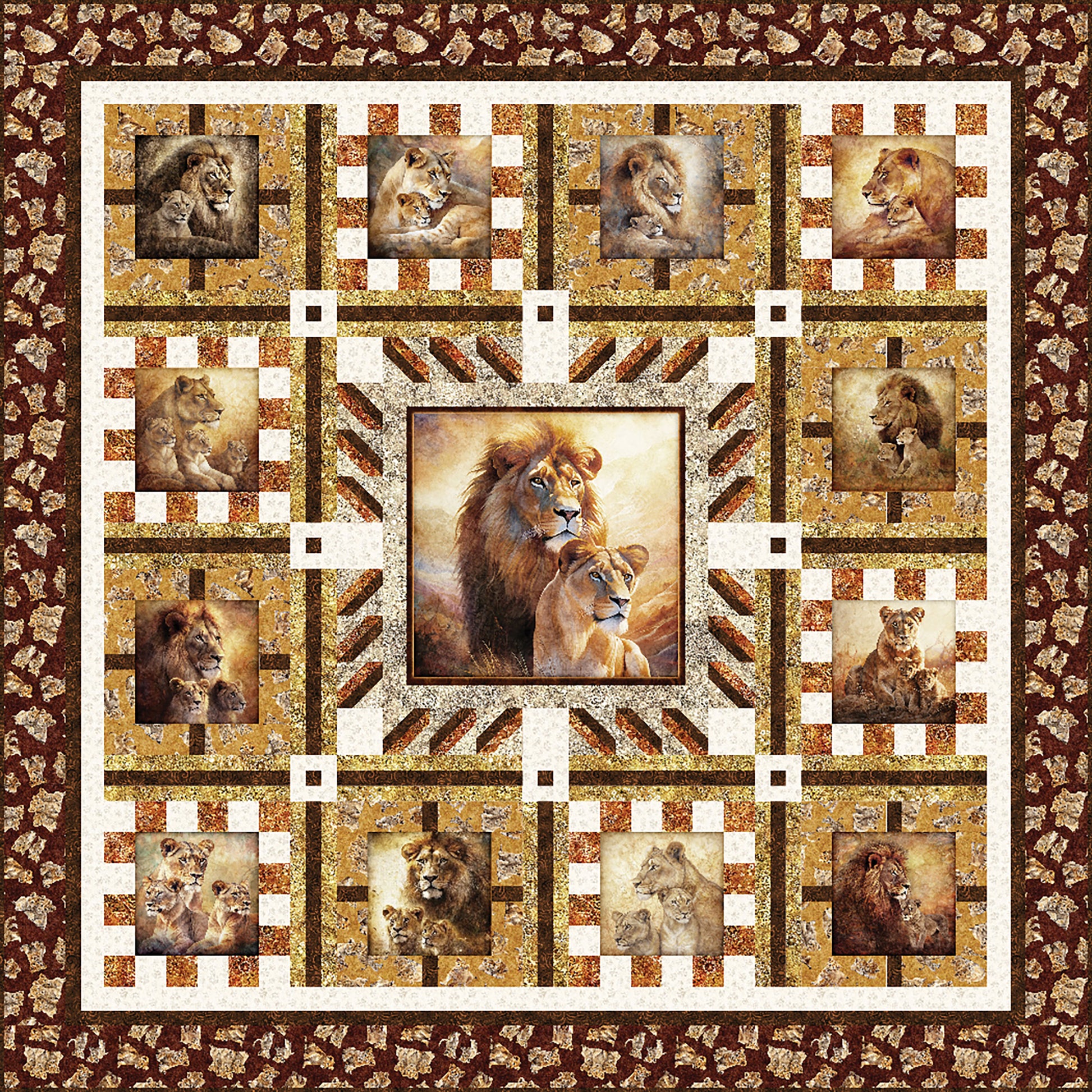 Lion quilt with brown fabrics. Center lion and lioness with blocks around the square quilt of other lion images.