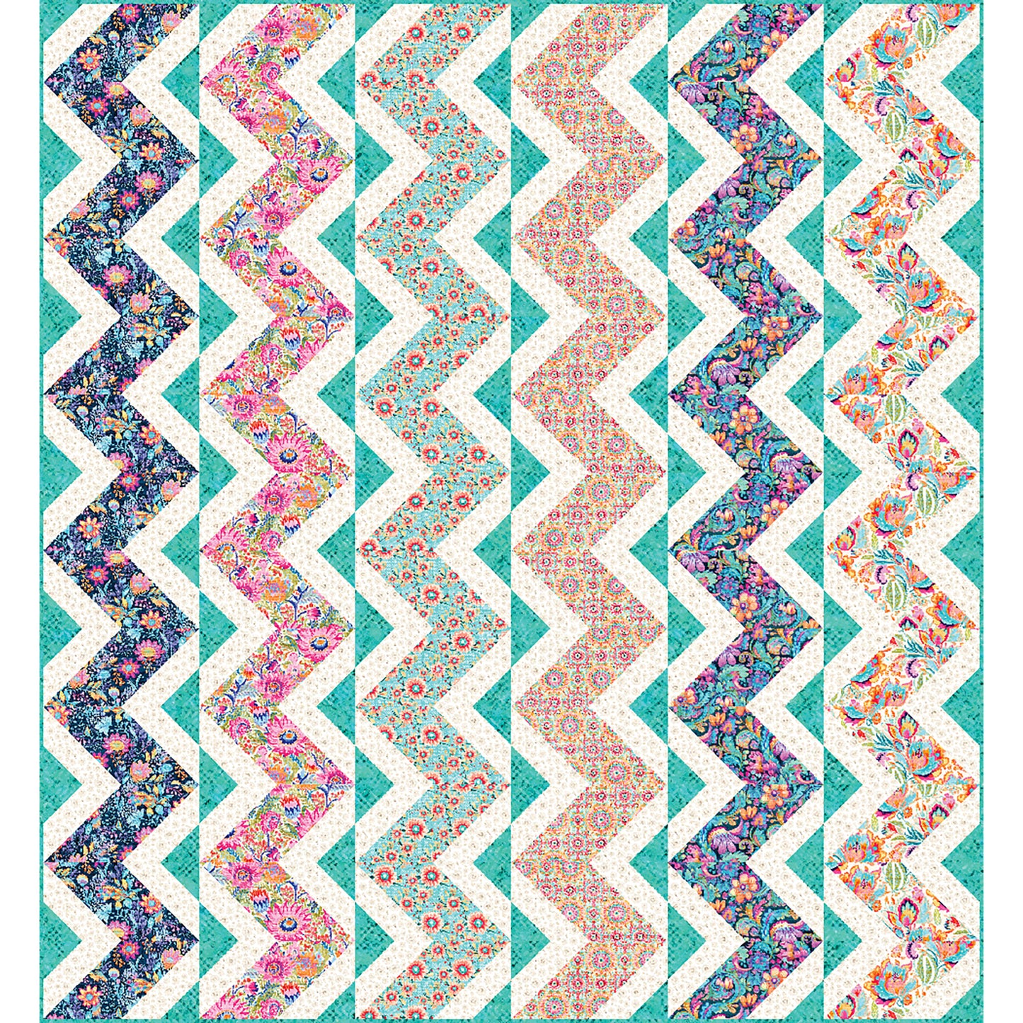 Fun, floral quilt features six different colored zig-zag rows which might look like lattice in your garden.