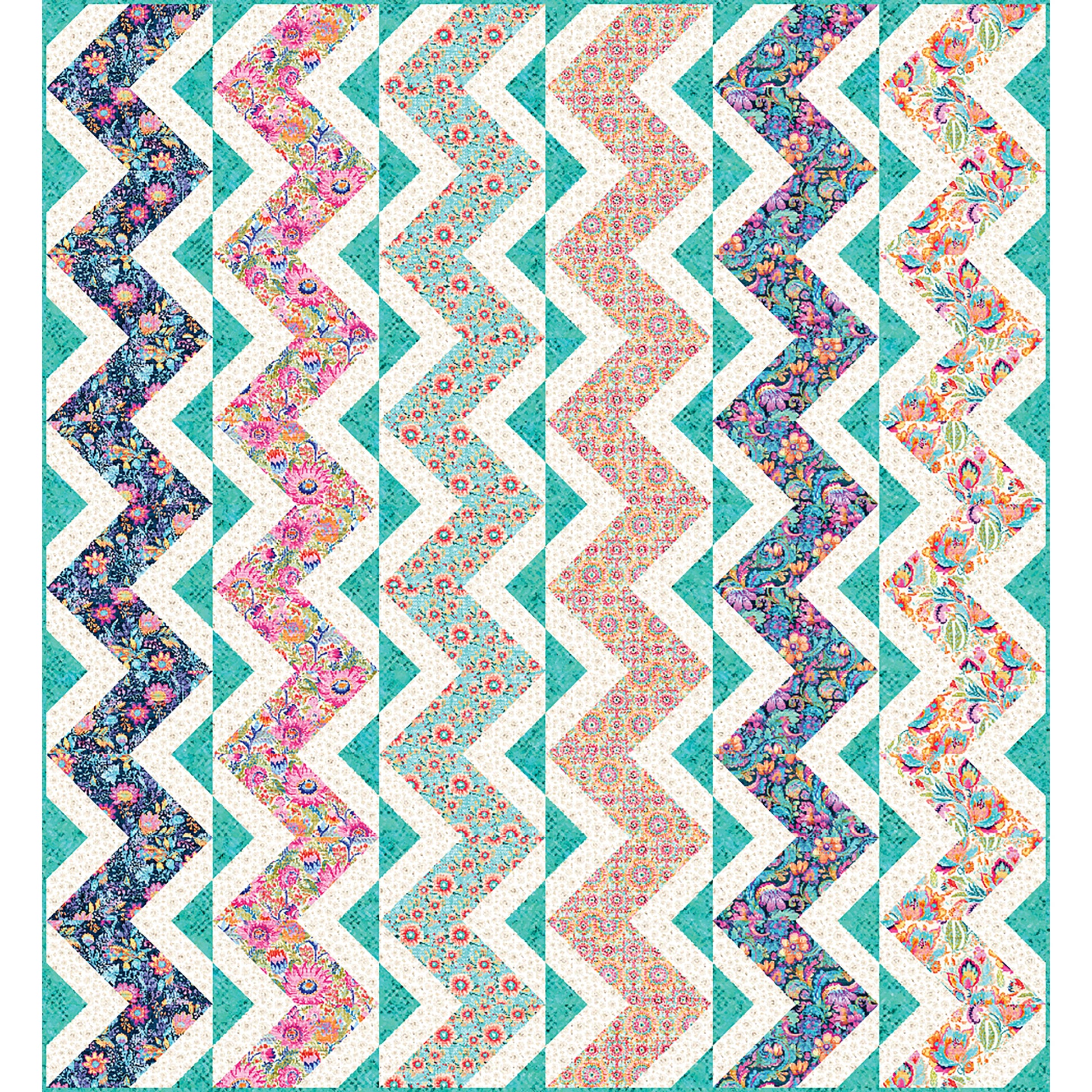 Fun, floral quilt features six different colored zig-zag rows which might look like lattice in your garden.