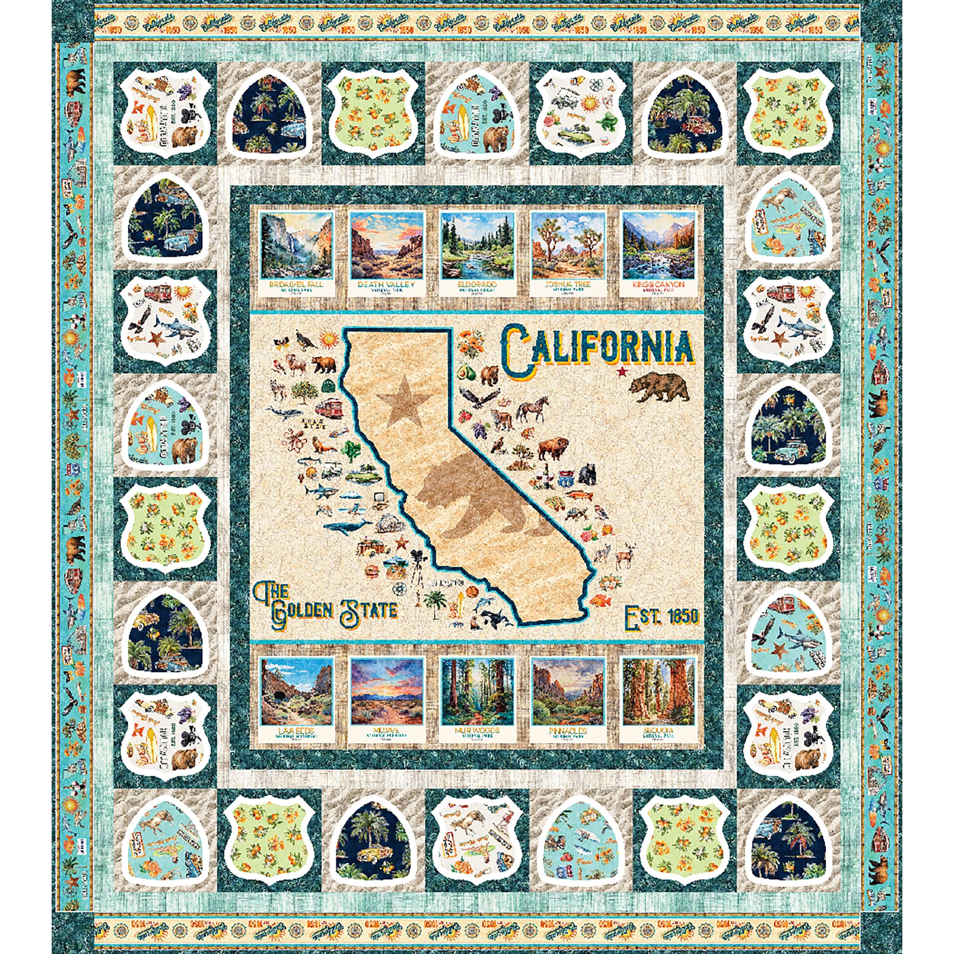 California quilt features a map of California with items related to the Golden State around it. Outside, there are shields with prints related to California. Fun memory of a trip to California.