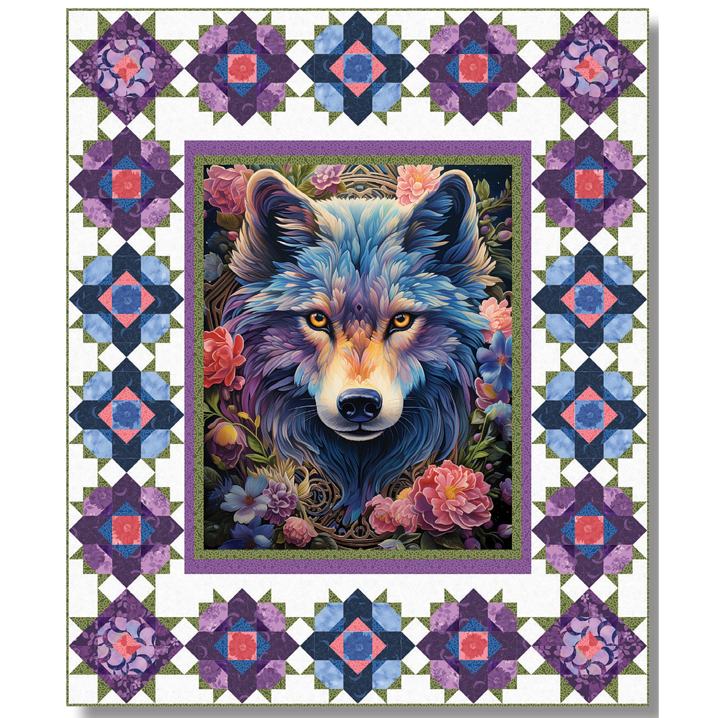 Beautiful, bright colored wolf or fox quilt with beautiful star or flower blocks in the border to really help the panel fabric pop.