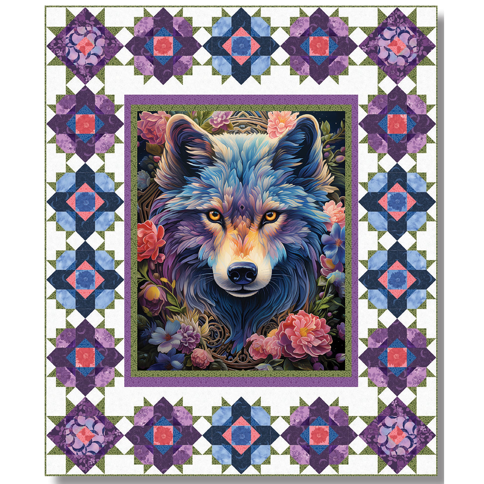 Beautiful, bright colored wolf or fox quilt with beautiful star or flower blocks in the border to really help the panel fabric pop.