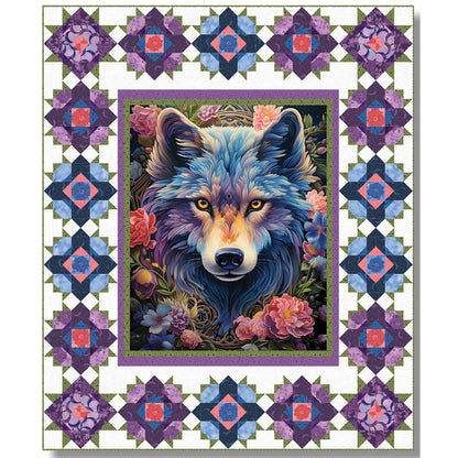 Beautiful, bright colored wolf or fox quilt with beautiful star or flower blocks in the border to really help the panel fabric pop.