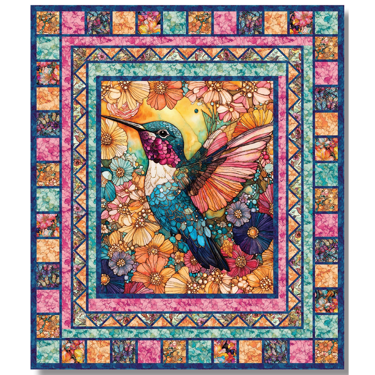 Gorgeous quilt features a bright colored humming bird and patchwork border that looks like a stained glass window.