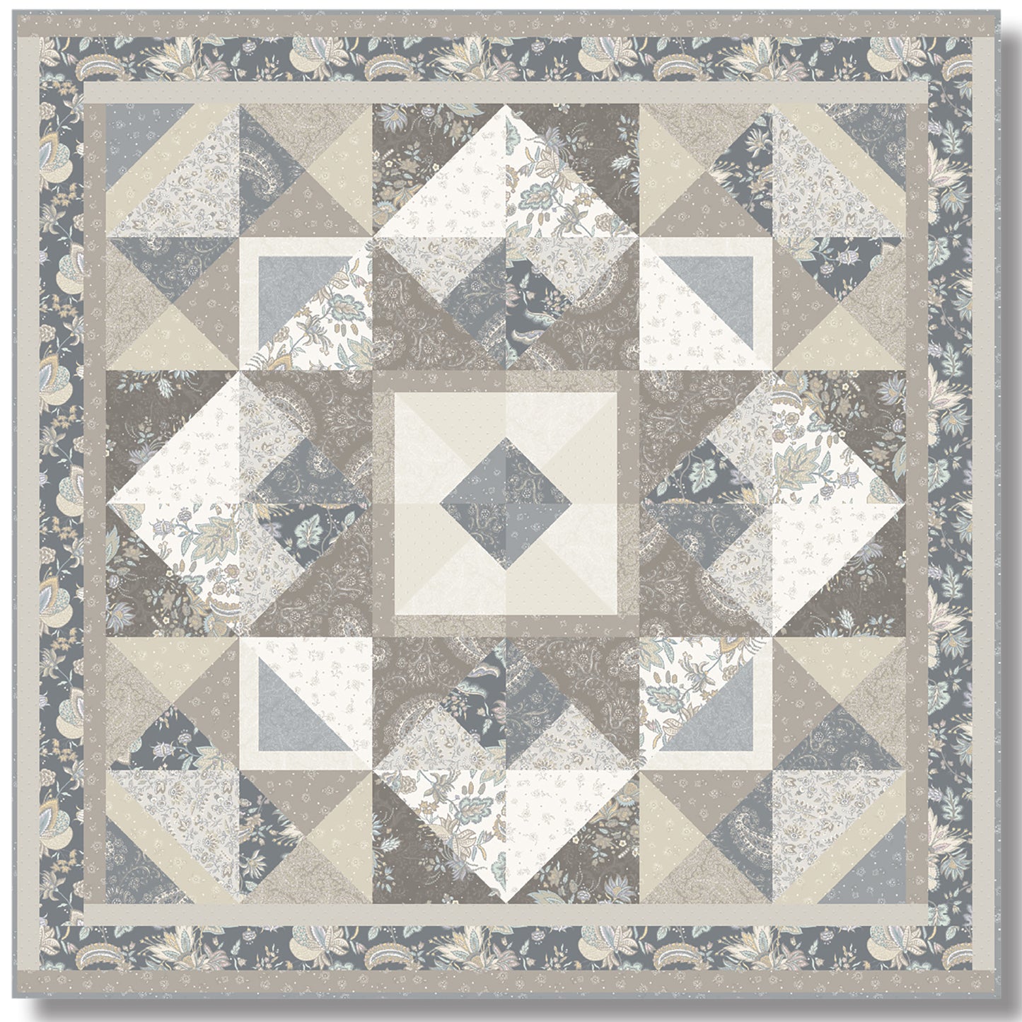 A quilted square featuring a stylish gray and white design. Has an artistic or modern feel. Great masculine quilt, too.