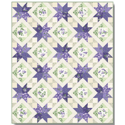 Beautiful quilt features purple stars with diamonds of cream and green. The stars pop with the color combination.