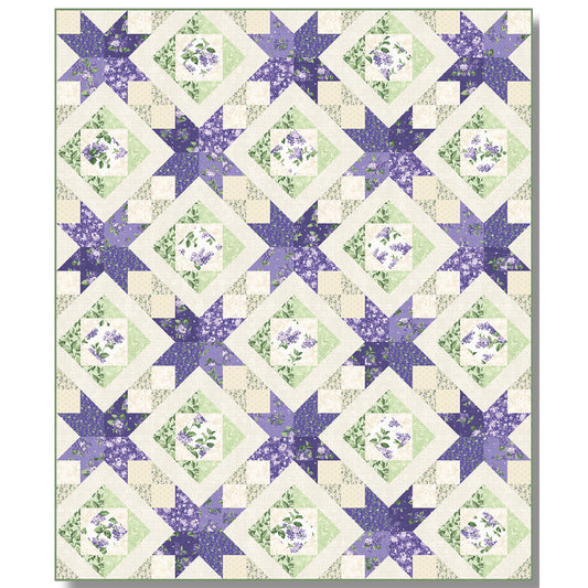 Beautiful quilt features purple stars with diamonds of cream and green. The stars pop with the color combination.