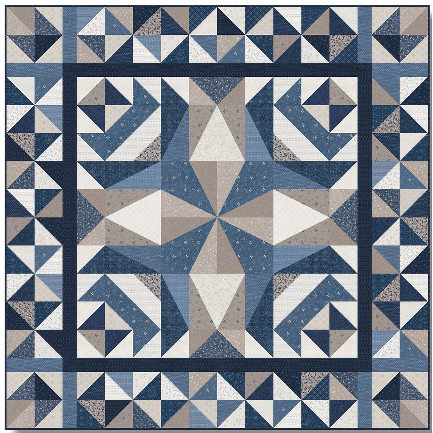 A blue and gray quilt featuring a unique star pattern.