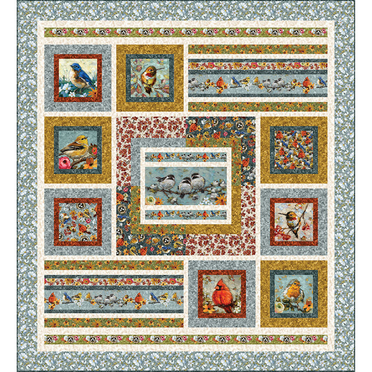 A beautifully designed quilt adorned with various birds and flowers