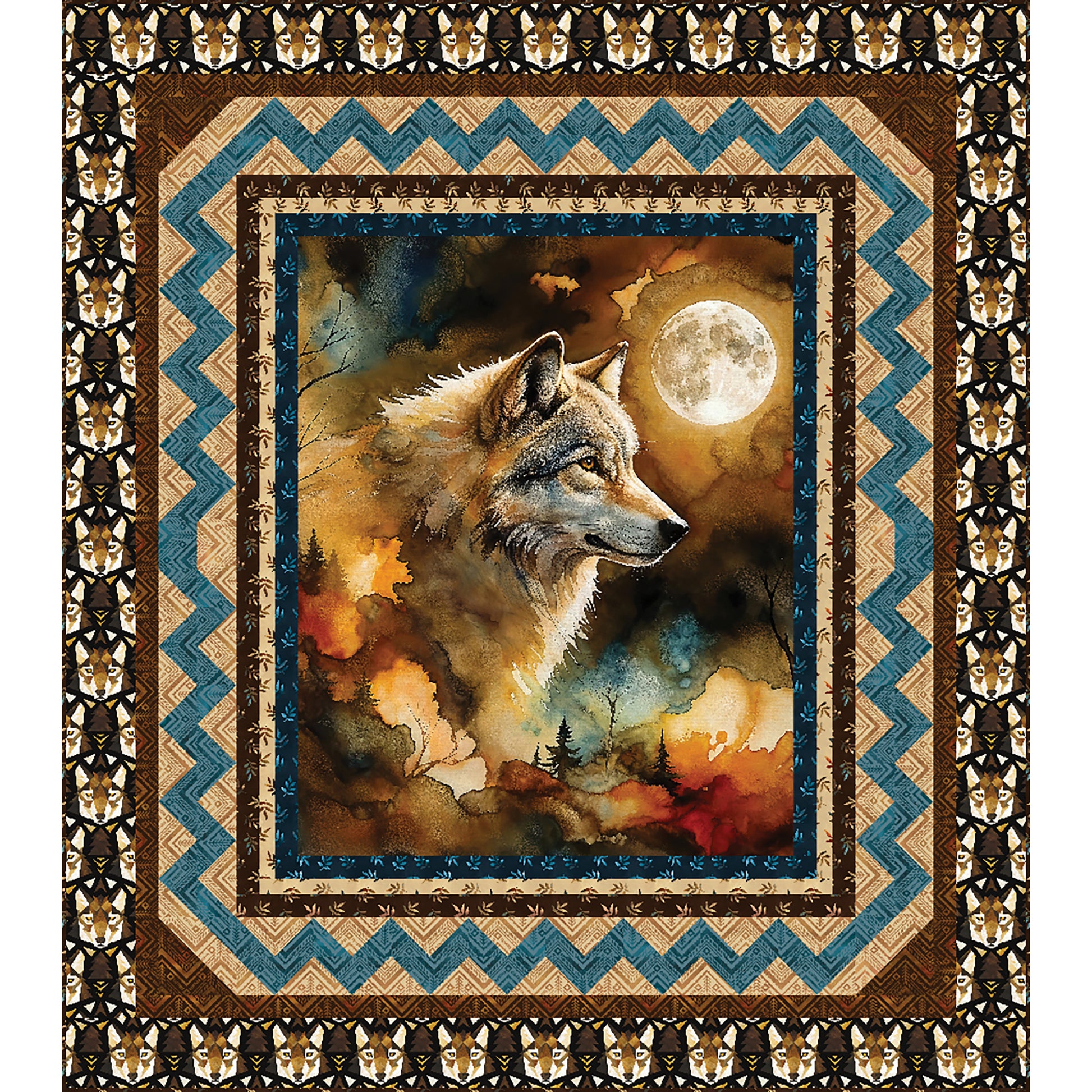 Spirit of the Forest quilt features a wolf with a moon panel and zig-zag border.