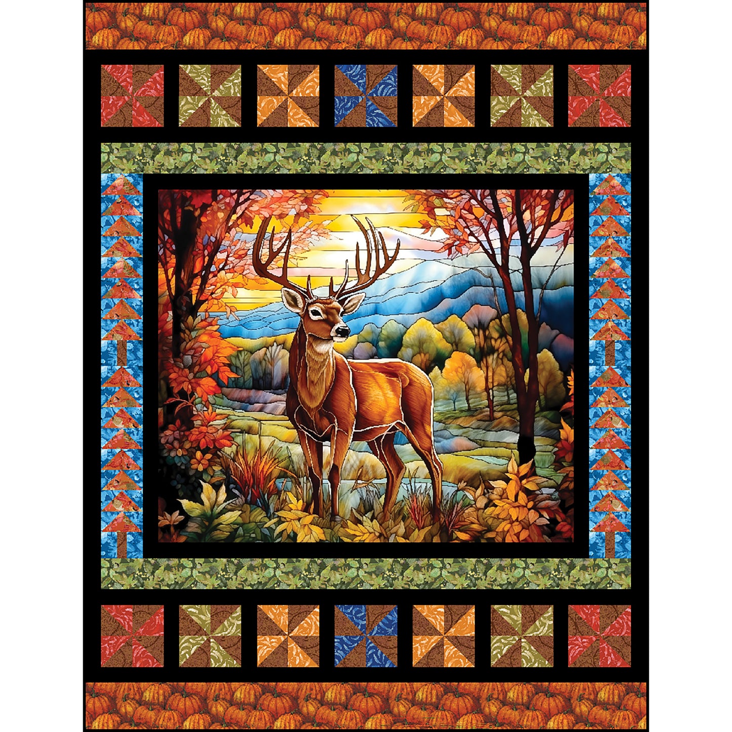 Deer/Buck in the woods quilt with a whimsical pinwheel and flying geese border.