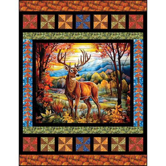 Deer/Buck in the woods quilt with a whimsical pinwheel and flying geese border.