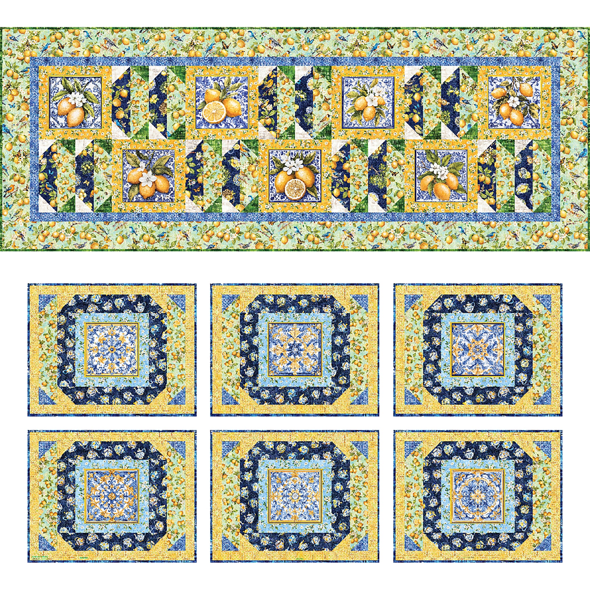 Splash of Lemon Quilted Table Set features lemon fabric and fun shapes using matching fabric. Above is the table runner and below are the six place mats.