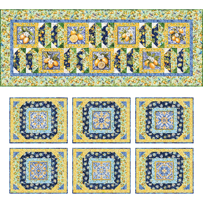 Splash of Lemon Quilted Table Set features lemon fabric and fun shapes using matching fabric. Above is the table runner and below are the six place mats.