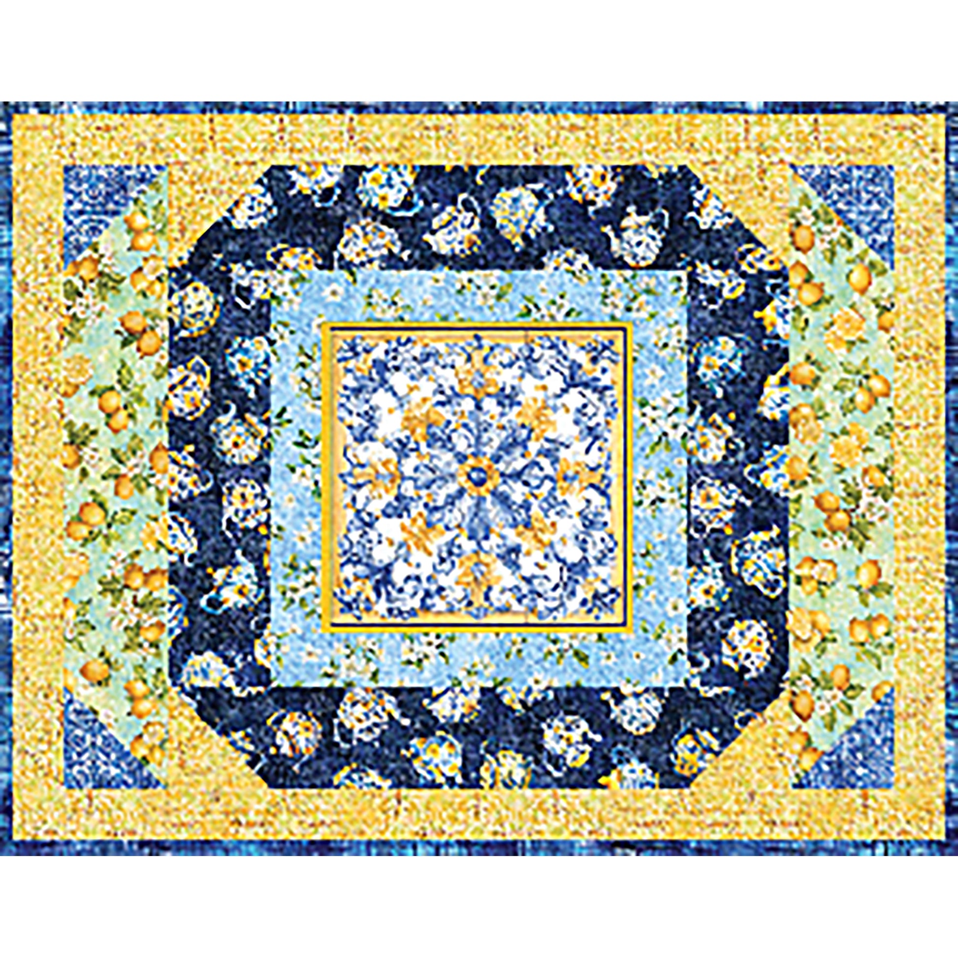 Splash of Lemon Quilted Table Set features lemon fabric and fun shapes using matching fabric. This image is a close up of the placemat.