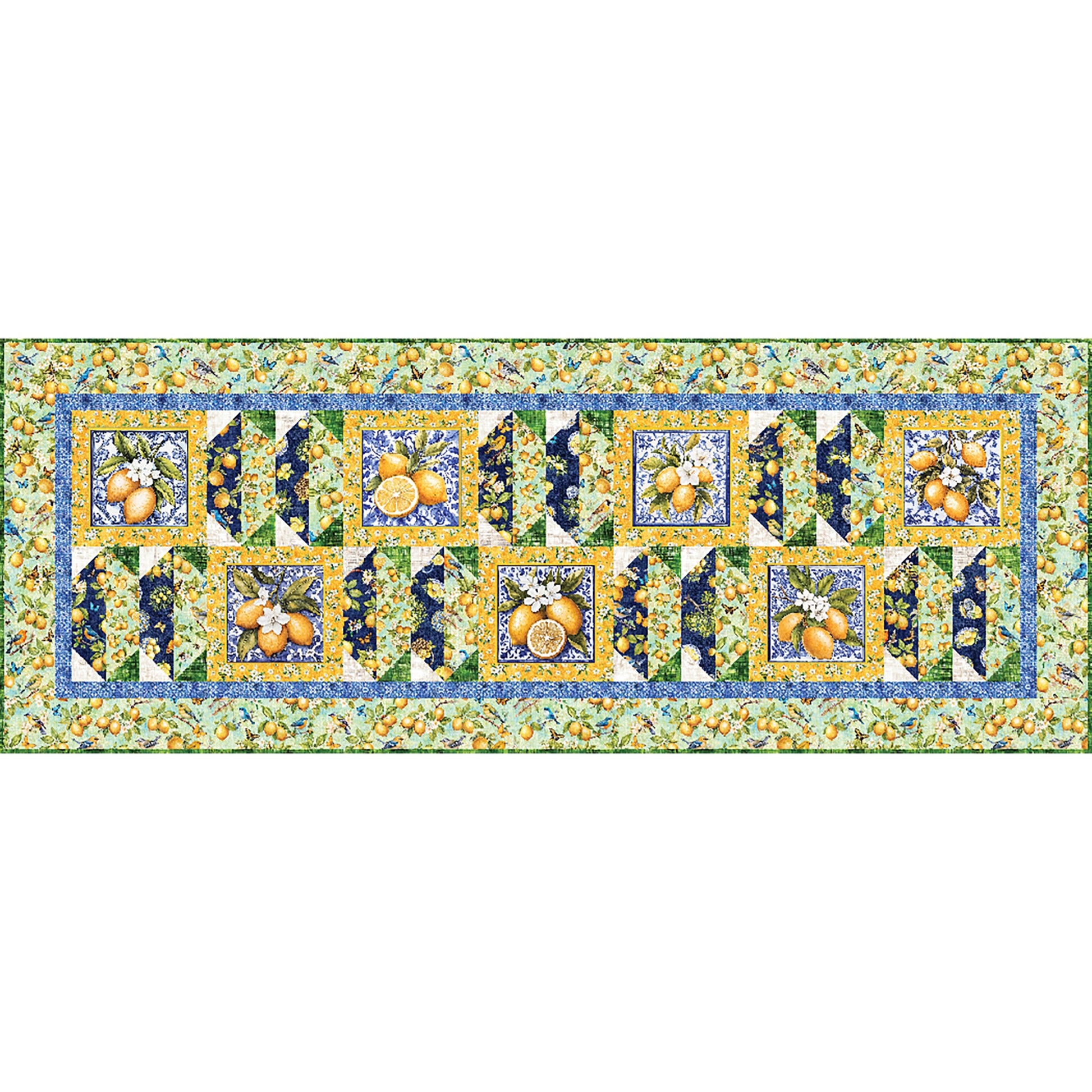 Splash of Lemon Quilted Table Set features lemon fabric and fun shapes using matching fabric. This is a close up of the table runner.