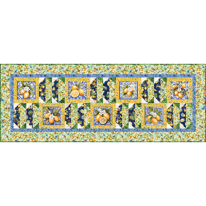 Splash of Lemon Quilted Table Set features lemon fabric and fun shapes using matching fabric. This is a close up of the table runner.