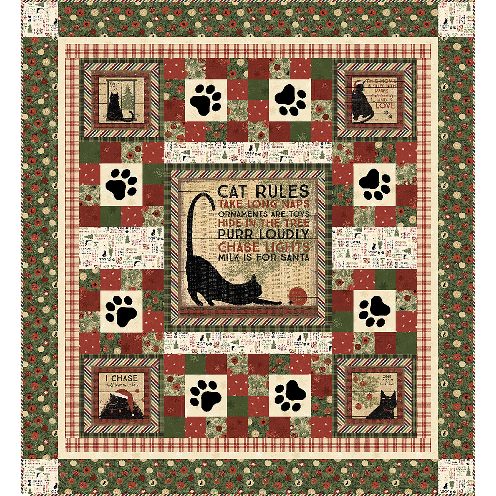 Deck the Paws quilt features a saying with a black cat and ball of string and cat images and paw prints in the border. 