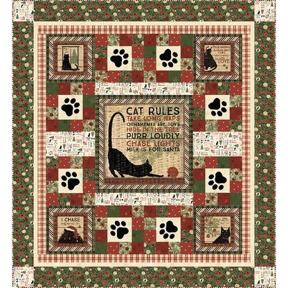 Deck the Paws quilt features a saying with a black cat and ball of string and cat images and paw prints in the border. 