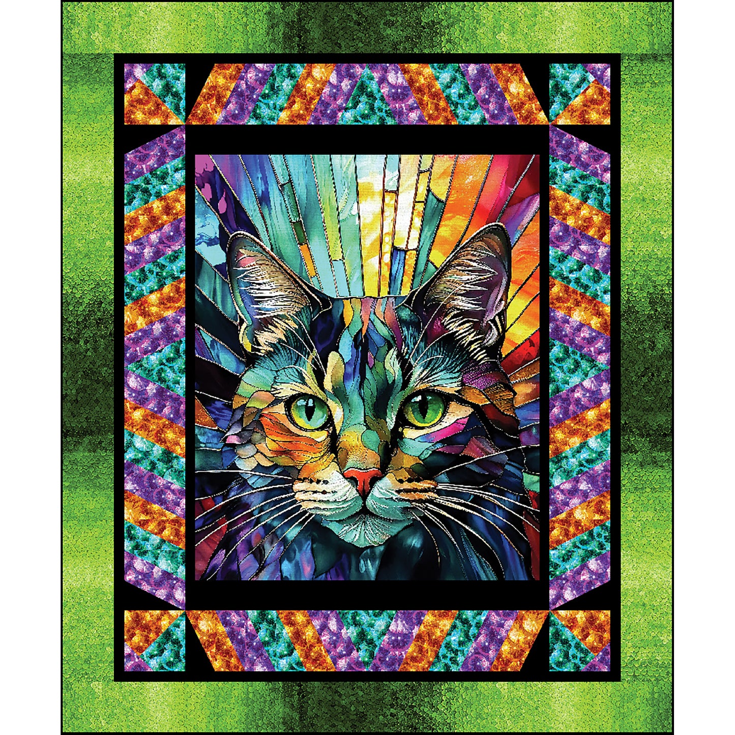Fun, bright cat panel quilt - the panel has a stained-glass feel to it with this fun element added to the border.