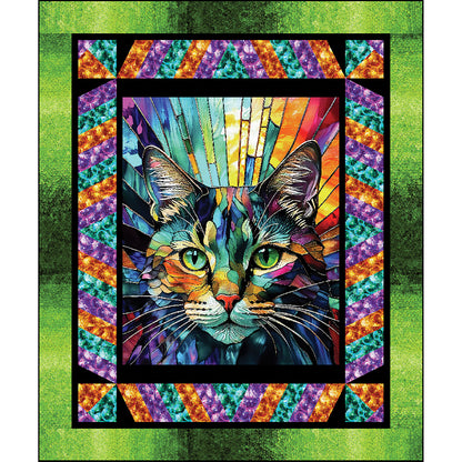Fun, bright cat panel quilt - the panel has a stained-glass feel to it with this fun element added to the border.