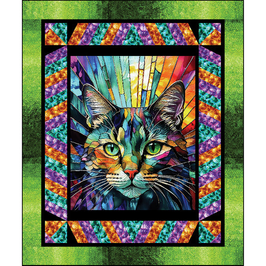 Fun, bright cat panel quilt - the panel has a stained-glass feel to it with this fun element added to the border.