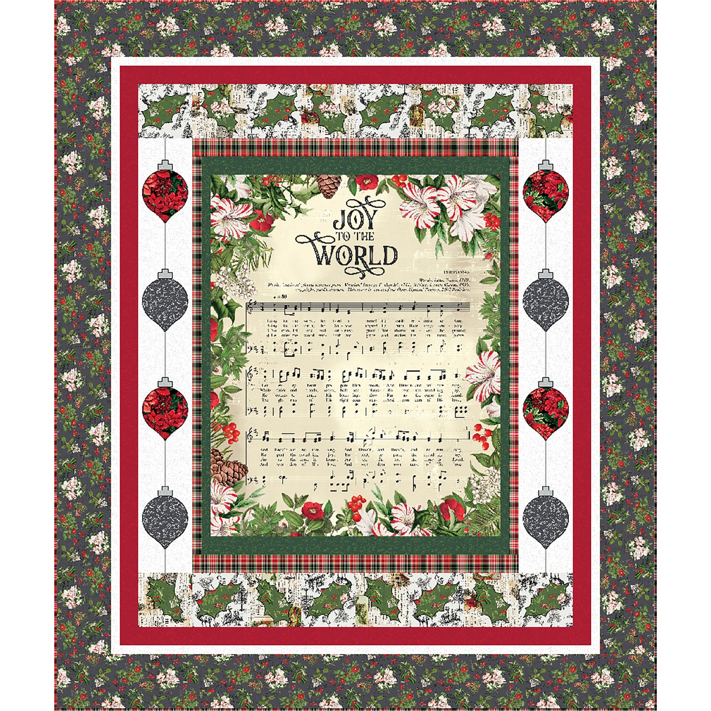 Christmas Joy quilt is a festive panel quilt pattern. The panel features the music to Joy to the World with a border of balls of ornaments.