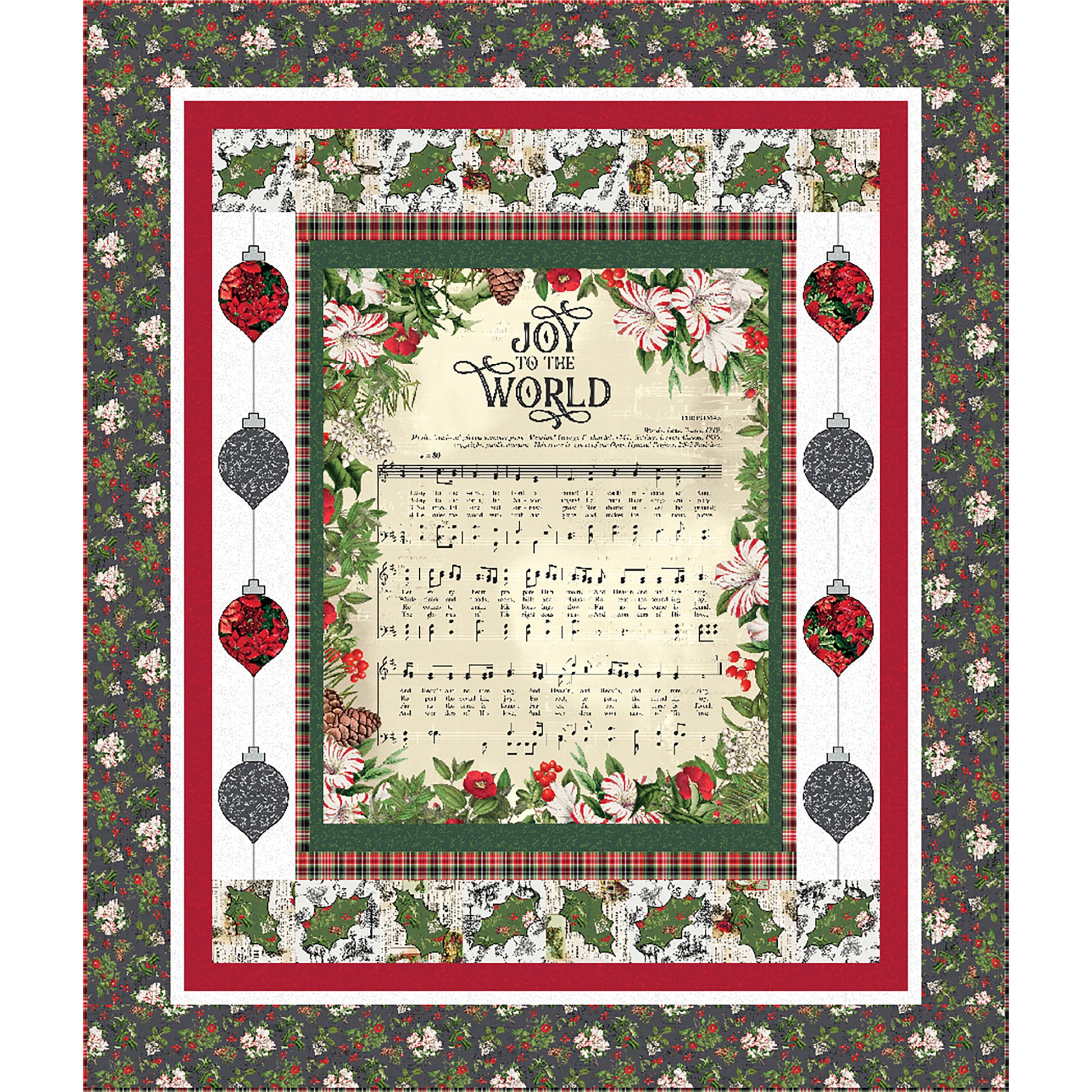 Christmas Joy quilt is a festive panel quilt pattern. The panel features the music to Joy to the World with a border of balls of ornaments.