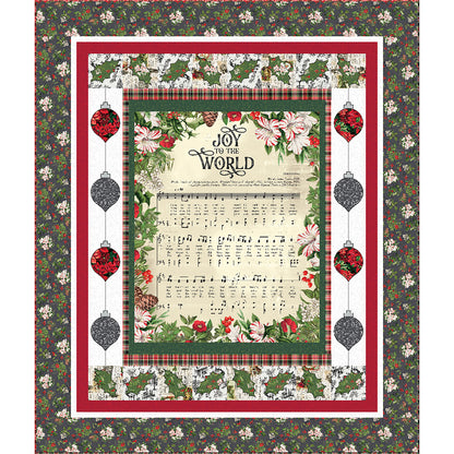 Christmas Joy quilt is a festive panel quilt pattern. The panel features the music to Joy to the World with a border of balls of ornaments.