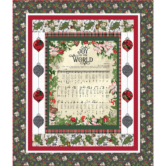 Christmas Joy quilt is a festive panel quilt pattern. The panel features the music to Joy to the World with a border of balls of ornaments.