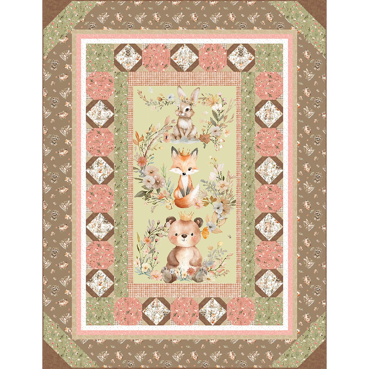 Cuddle Buddies quilt is an adorable panel quilt featuring three animals sitting cute with flowers around them including a bunny, fox and bear. All are wearing crowns. The sweet fabric makes you think of children.