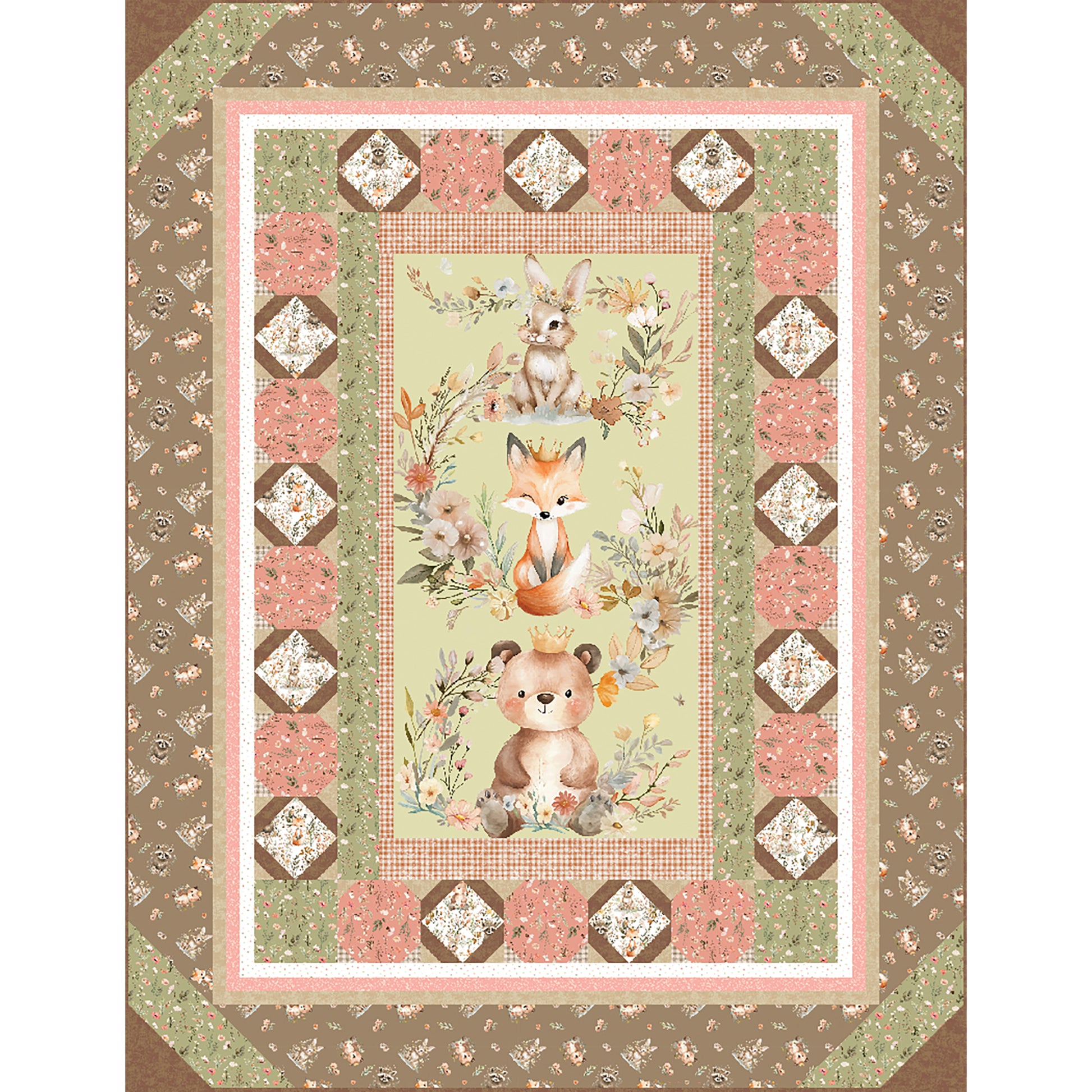 Cuddle Buddies quilt is an adorable panel quilt featuring three animals sitting cute with flowers around them including a bunny, fox and bear. All are wearing crowns. The sweet fabric makes you think of children.