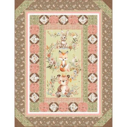 Cuddle Buddies quilt is an adorable panel quilt featuring three animals sitting cute with flowers around them including a bunny, fox and bear. All are wearing crowns. The sweet fabric makes you think of children.