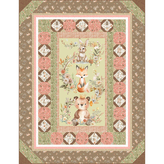 Cuddle Buddies quilt is an adorable panel quilt featuring three animals sitting cute with flowers around them including a bunny, fox and bear. All are wearing crowns. The sweet fabric makes you think of children.