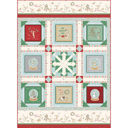 Quilt features eight blocks from a panel and snowflake block in the middle and matching fabric to put it all together. This option shows snowglobes and Christmas fabric.