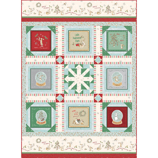 Quilt features eight blocks from a panel and snowflake block in the middle and matching fabric to put it all together. This option shows snowglobes and Christmas fabric.