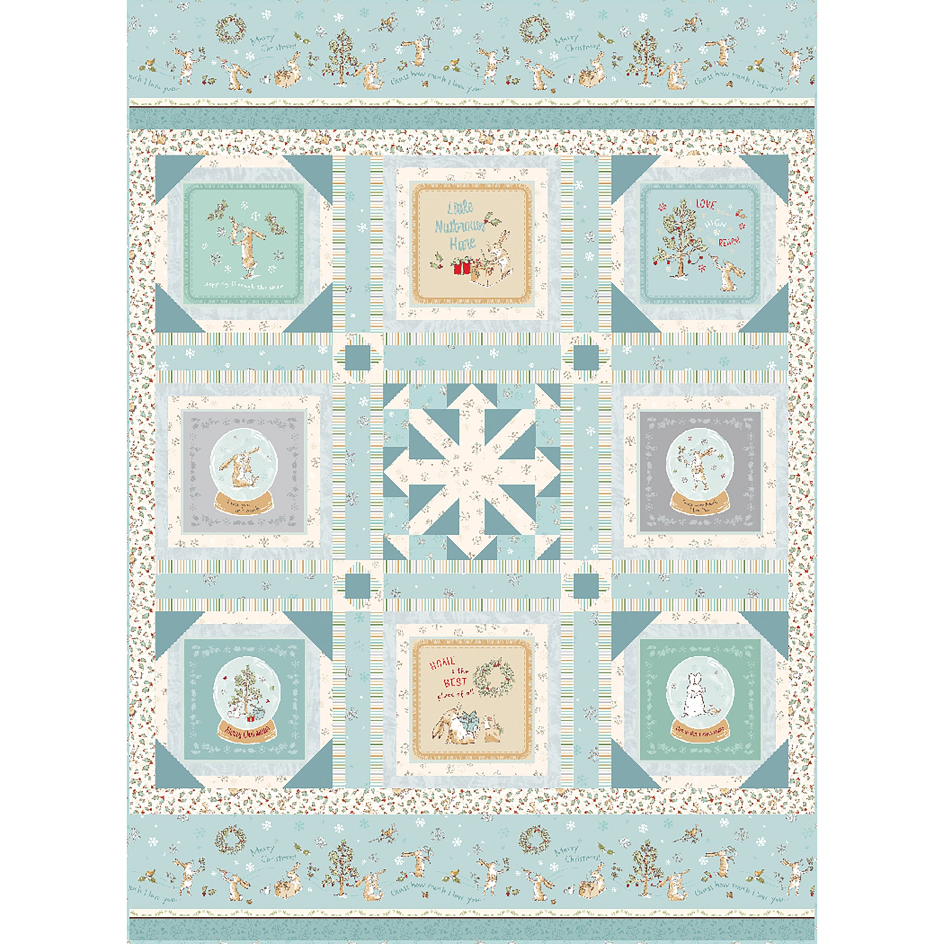 Quilt features eight blocks from a panel and snowflake block in the middle and matching fabric to put it all together. This option shows snowglobes and winter pastel blue and green fabric.