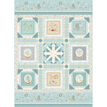 Quilt features eight blocks from a panel and snowflake block in the middle and matching fabric to put it all together. This option shows snowglobes and winter pastel blue and green fabric.