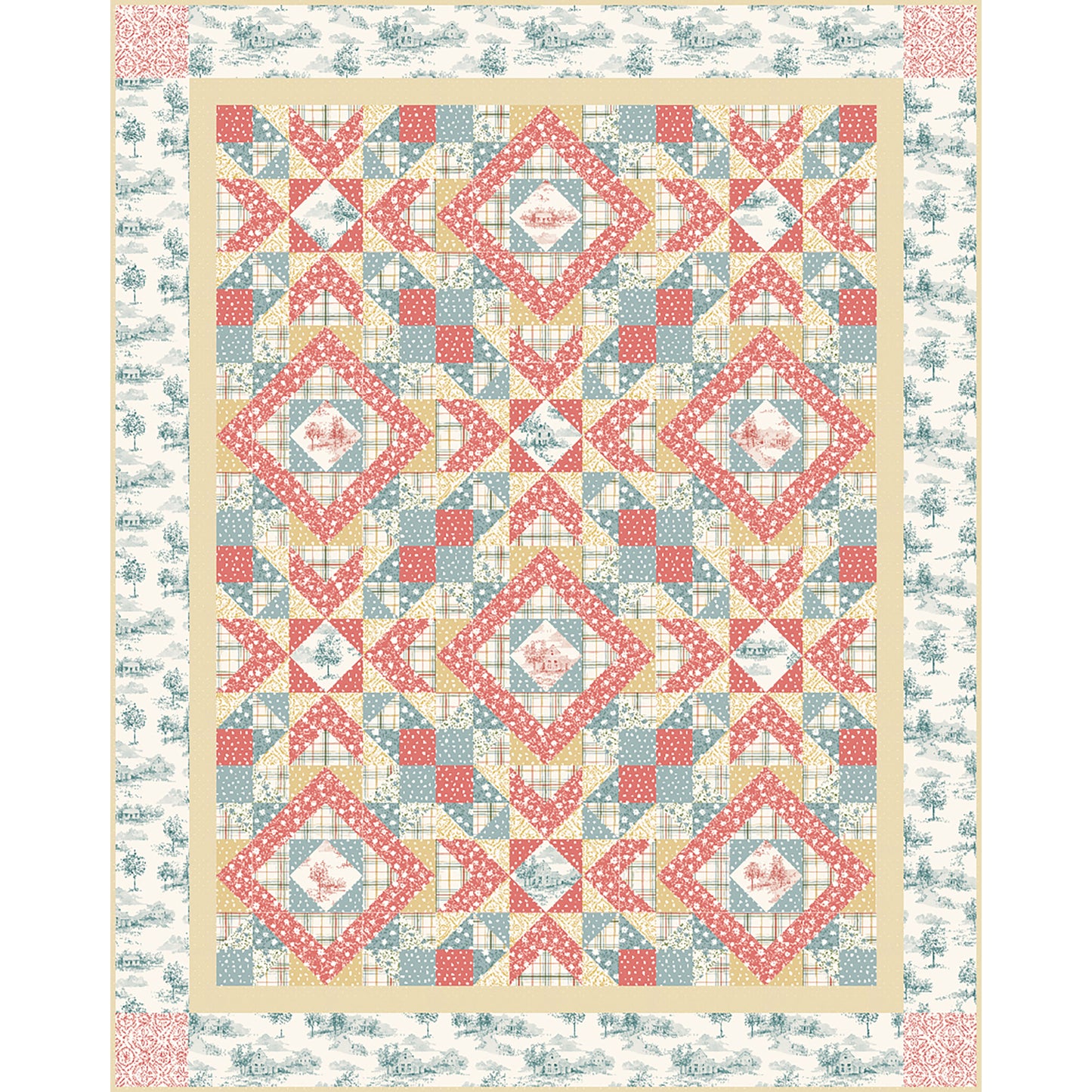 Fun quilt features two fancy blocks. One is a diamond with square and diamond inside and the other is a fancy star or flower of diamond in a square with Vs coming off it. 