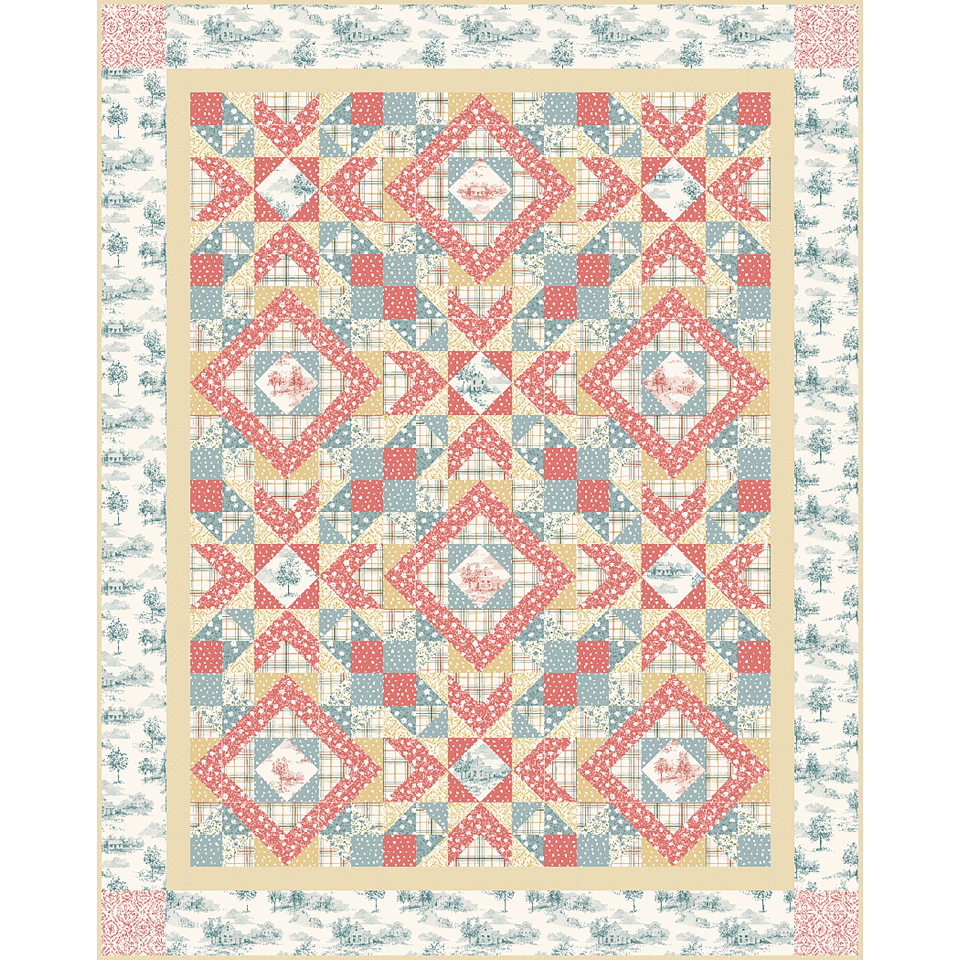 Fun quilt features two fancy blocks. One is a diamond with square and diamond inside and the other is a fancy star or flower of diamond in a square with Vs coming off it. 