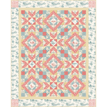 Fun quilt features two fancy blocks. One is a diamond with square and diamond inside and the other is a fancy star or flower of diamond in a square with Vs coming off it. 