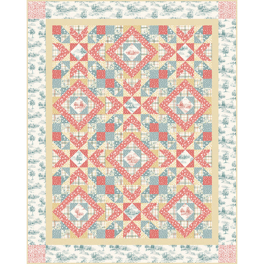 Fun quilt features two fancy blocks. One is a diamond with square and diamond inside and the other is a fancy star or flower of diamond in a square with Vs coming off it. 