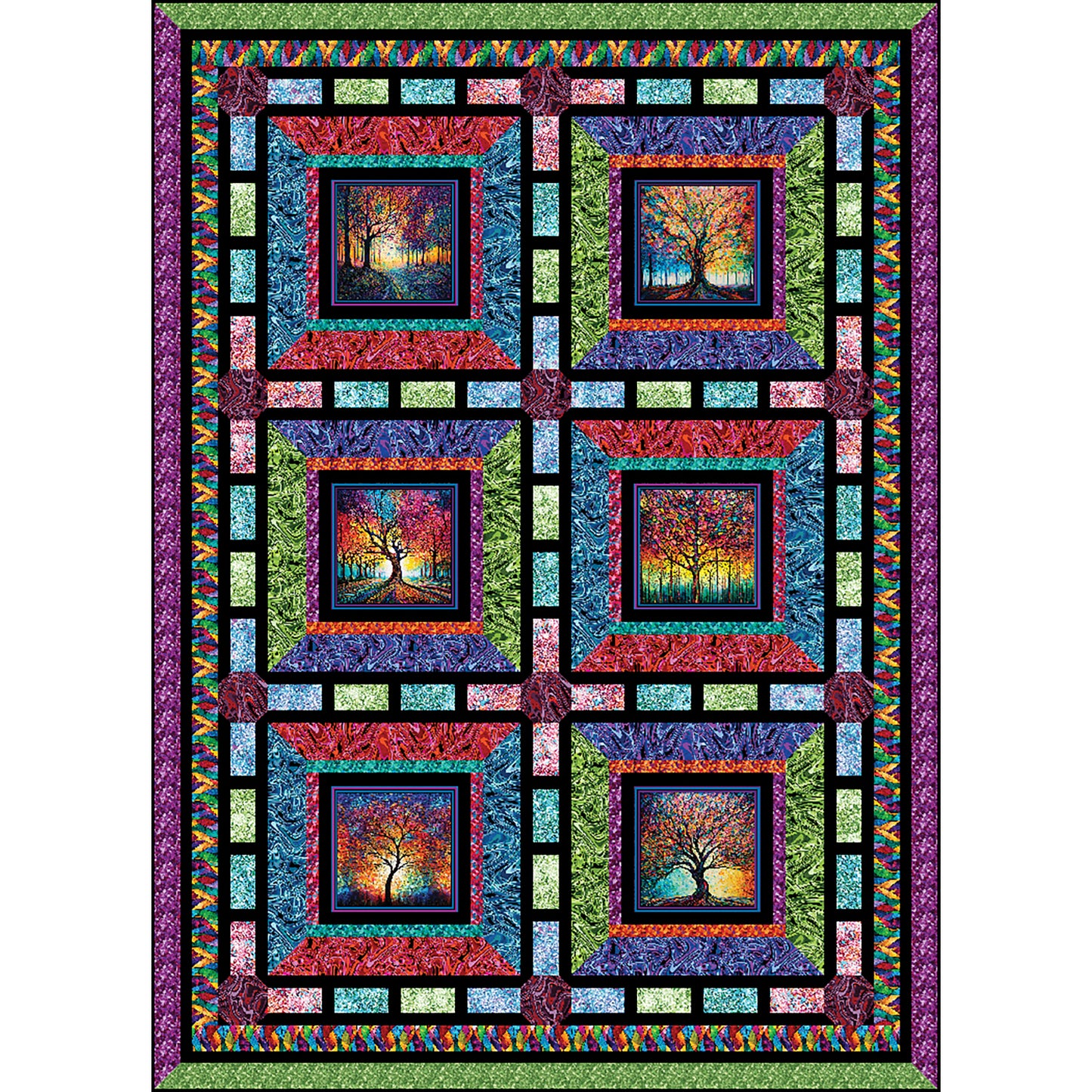"Walk in the Park" is a fun panel blocks quilt shown in rainbow colors and colorful fall tree blocks.