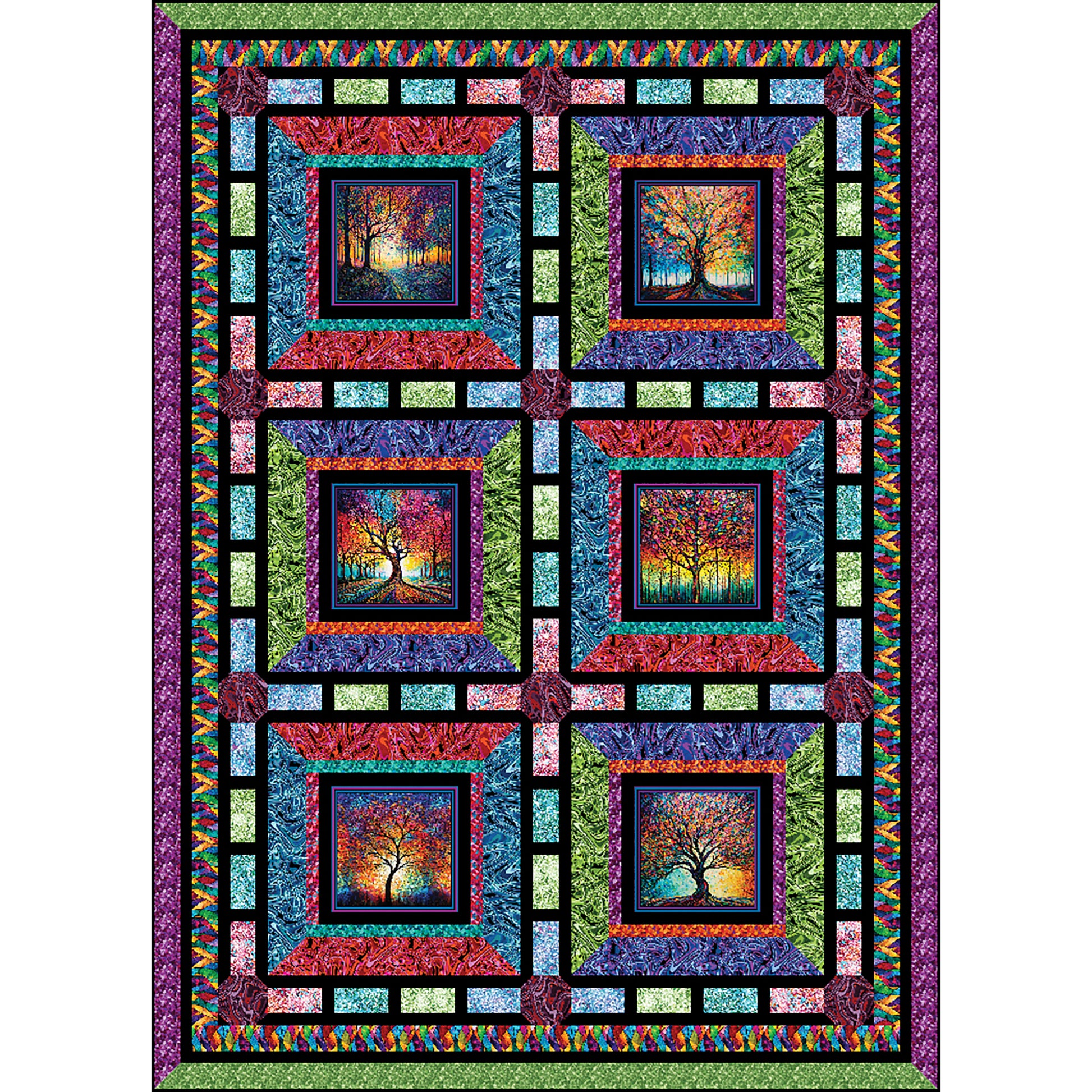 "Walk in the Park" is a fun panel blocks quilt shown in rainbow colors and colorful fall tree blocks.