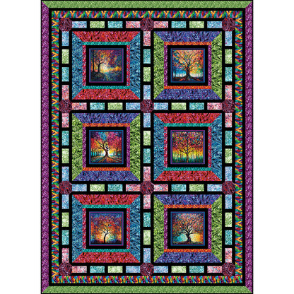"Walk in the Park" is a fun panel blocks quilt shown in rainbow colors and colorful fall tree blocks.