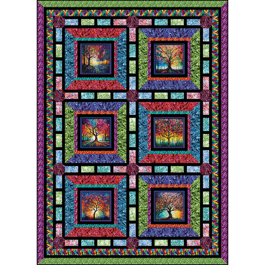 "Walk in the Park" is a fun panel blocks quilt shown in rainbow colors and colorful fall tree blocks.