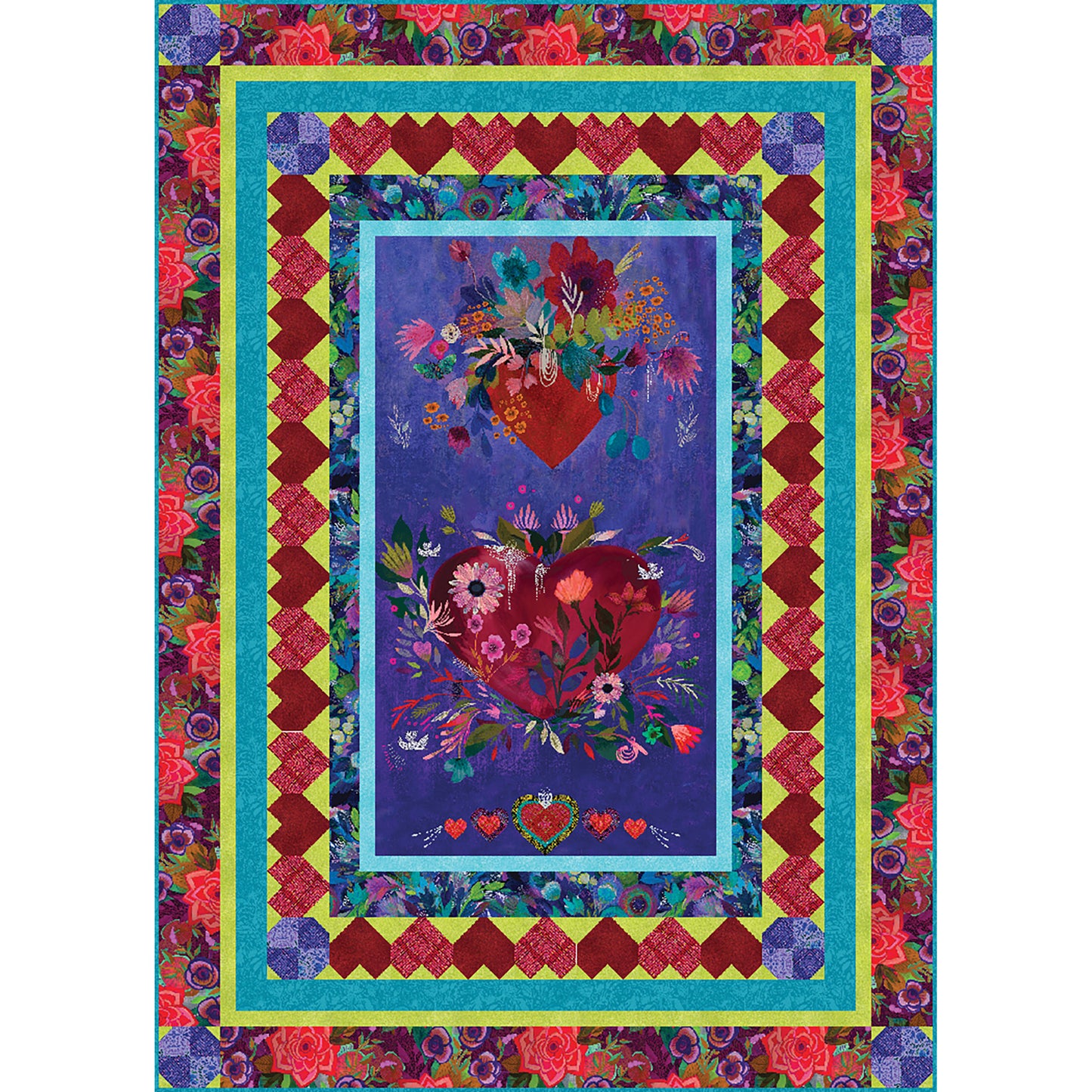 Love's in the air with Heart to Heart quilt which features a hearts and flowers panel and pieced hearts border. 