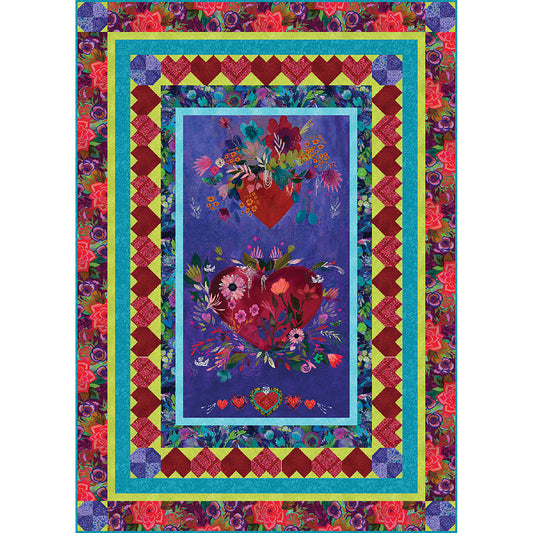 Love's in the air with Heart to Heart quilt which features a hearts and flowers panel and pieced hearts border. 